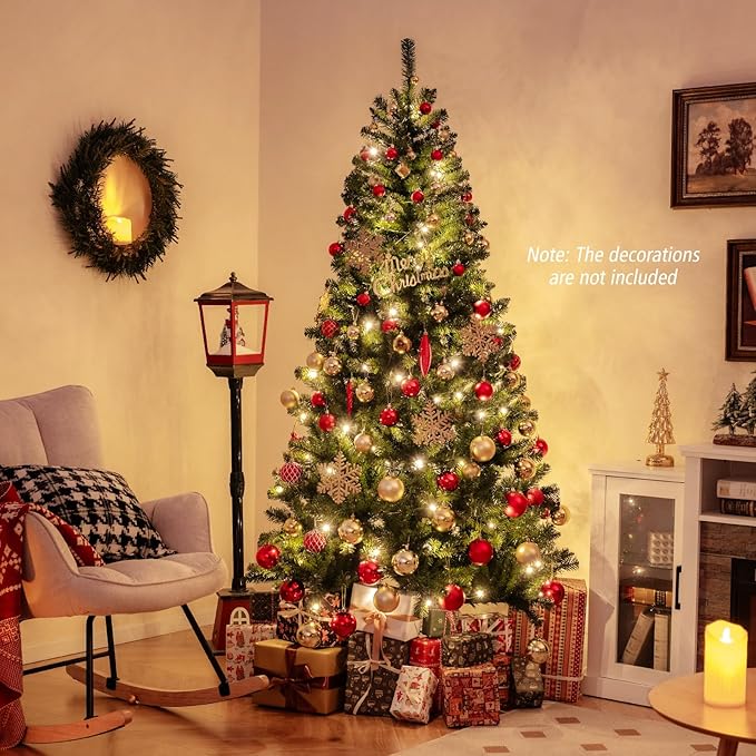 GOFLAME 7FT Prelit Artificial Christmas Tree, Hinged Xmas Tree with 830 Branch Tips, 250 Warm White LED Lights, 8 Lighting Modes, Holiday Decoration Tree for Home Office Party