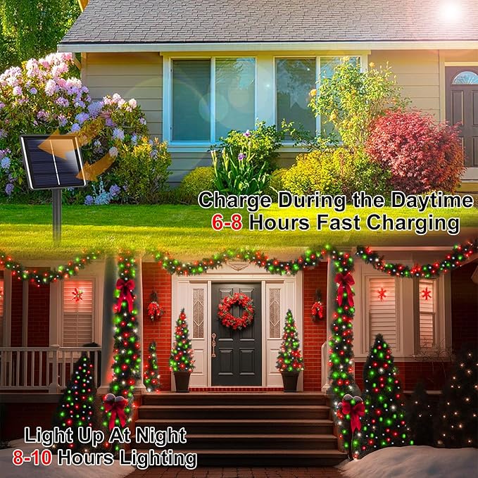 Extra-Long 144FT Solar String Lights for Outside, 2 Pack 400LED Solar Christmas Lights Outdoor, Waterproof Copper Wire with 8 Modes Twinkle Fairy Lights for Tree Party Xmas Decor (Red White and Green)