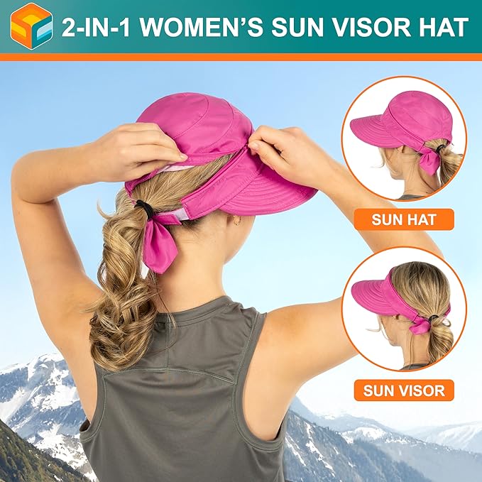 SUN CUBE Women Sun Hat for Outdoor UV Protection, Wide Brim Sun Hat Ponytail, Convertible Zip-Off Beach Hat Visor