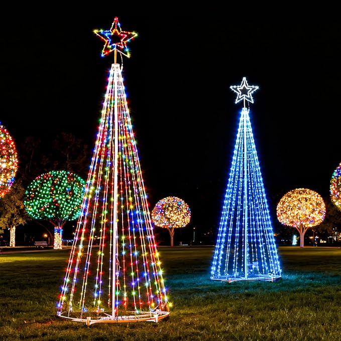 12Ft RGB Outdoor Lighted Christmas Tree Lights Cone Tall Star Topped Artificial Christmas Trees Arbol de Navidad Outside Decor for Xmas New Year Holiday