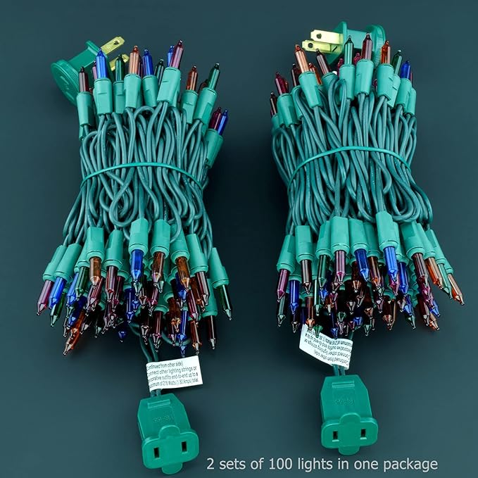 YULETIME 200 Multicolor Christmas Lights, Pack of 2 Strands of 21 ft 100 Count UL Certified Incandescent Mini String Light (Multicolor - Green Wire)