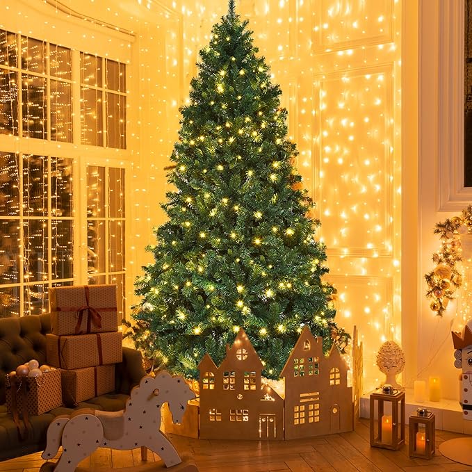 ERGOMASTER 7FT Pre-lit Artificial Christmas Tree with Lights, Fake Green Xmas Tree with 1096 Hinged Branch Tips, 300 LED Warm White Incandescent Lights & Foldable Metal Stand for Holiday