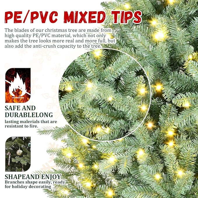 6FT Prelit Christmas Tree, Premium Blue Artificial Spruce Christmas Tree with 500 Lights & 1878 PE/PVC Branch Tips, Memory Wire Pre Lit Full Hinged Xmas Trees with Metal Base for Holiday Decoration