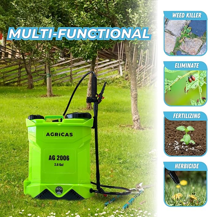 Battery Powered Backpack Sprayer 2.6 Gallon, 0-70 PSI Adjustable Pressure, Long-Lasting Lithium-Ion Battery&Charger, 7 Nozzles, Lawn and Garden Electric Sprayer for Weed/Pest Control Watering and more