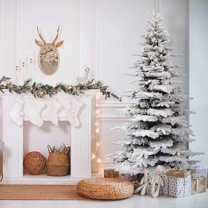 Fraser Hill Farm 9-Ft. Pine Valley Flocked Christmas Tree, Snowy Xmas Tree with DIY Potential with No Attached Lights, Artificial Christmas Tree with Metal Base, Easy to Set up