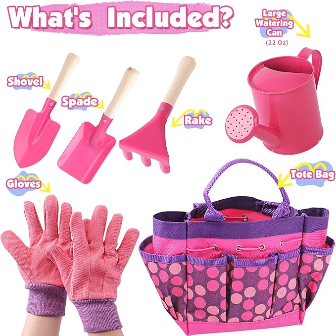 Kids Gardening Tools Set, Toddler Play Kit Child Outdoor Toy with Gloves, Watering Can, Metal Shovel, Rake, Spade & Storage Bag, Backyard Sand Digging Birthday for Boys Girls 3-5 (Pink)