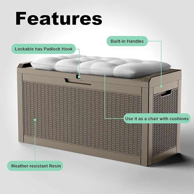 DRATO 60 Gallon Deck Box, Waterproof Resin Large Outdoor Storgae Box for Patio Furniture, Patio Cushions, Gardening Tools, Pool Supplies, Lockable