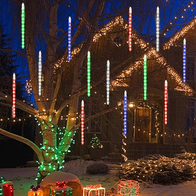24 Tubes Meteor Shower Lights, Outdoor Icicles Christmas Lights, 12 Inch 864 LED Iciclelights Snow Falling Light, Connectable Raindrop Light, Xmas Wedding Party Tree Holiday Decor, Multicolor
