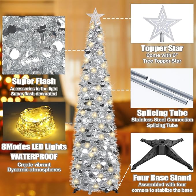 HMASYO 5 FT Pop Up Christmas Tree with Timer Lights, Silver Christmas Tinsel Tree, Collapsible Artificial Pencil Christmas Tree for Indoor Home Apartment Porch Holiday Party Decorations