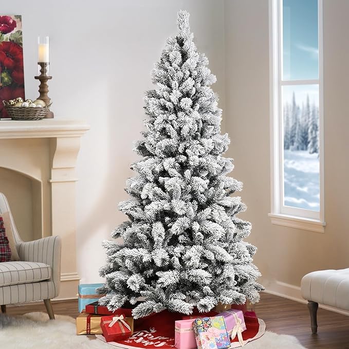 8 Ft Unlit Snow Flocked Christmas Tree, Artificial Xmas Tree with 1445 PVC/PE Realistic Branch Tips, Metal Stand Decor for Holiday, Party, Home Easy to Assemble