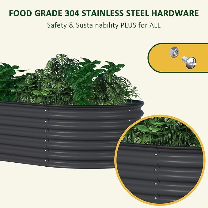 MUPATER 8ftx2ftx1.4ft Raised Garden Bed Outdoor for Vegetables, 9-in-1 Galvanized Metal Planter Box, 17''H Modular Garden Bed Kit Oval for Herbs and Flowers, Grey