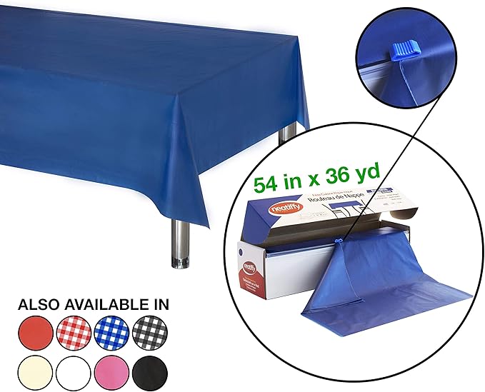 Neatiffy Disposable Plastic Table Cloth Roll | 54 in x 108 Ft Waterproof Tablecloth | Table Cover for Rectangle, Square, Round Oval Tables | Picnic, Party, Banquet, Birthdays, Weddings - Royal Blue