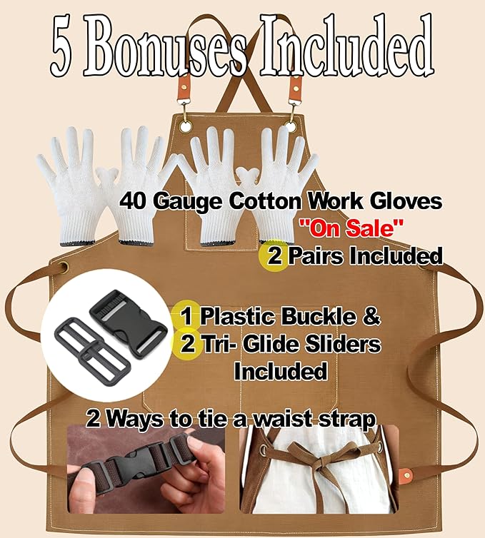 Heavy-Duty Canvas Tool Apron – Adjustable Cross-Back Work Apron with Pockets for Woodworking, Gardening & Crafts