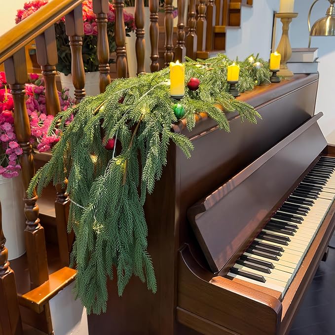 2Pcs 6FT Norfolk Pine Garlands Realistic, Real Touch Winter Xmas Garland, Christmas Decorations Indoor Outdoor, Artificial Holiday Decor Faux Greenery for Mantle, Fireplace, Table