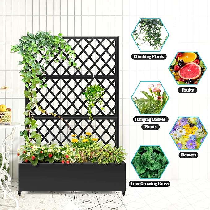 Metal Planter Box with Trellis, Planter Box with Privacy Screen, Privacy Trellis Outdoor for Climbing Plants with Drainage Holes, Raised Garden Bed with Wheels