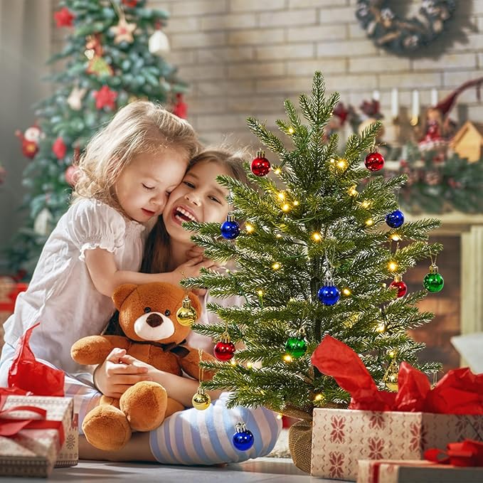 Uten Mini Christmas Tree Small Christmas Balls 18 PE Whitewash/1 Linen Base 50 LED Waterproof Battery Box with Christmas Decorations for Home, Office, Party