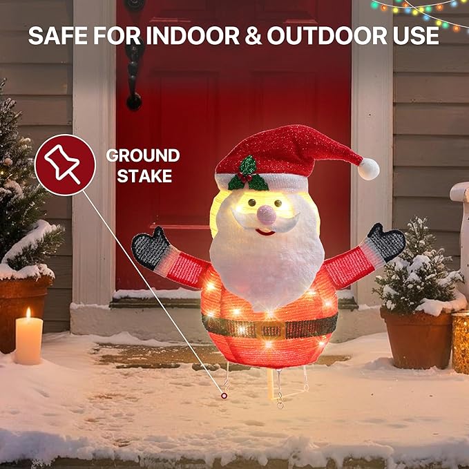 GENIMO Santa Claus Outdoor Christmas Decorations, 30 Lights Pop-up Lighted Warm White Light Pre-Lit Santa for Holiday Decor Outside Indoor Home Lawn Yard Garden Patio Stakes(24 in)