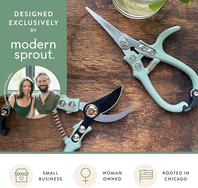 Modern Sprout Hand Pruners & Shears Set with Blister Pack - Lightweight Gardening Tools with Easy Lock - Sharp Carbon Steel Blades -Rust Resistant Scissors for Herbs, Flowers - Sage