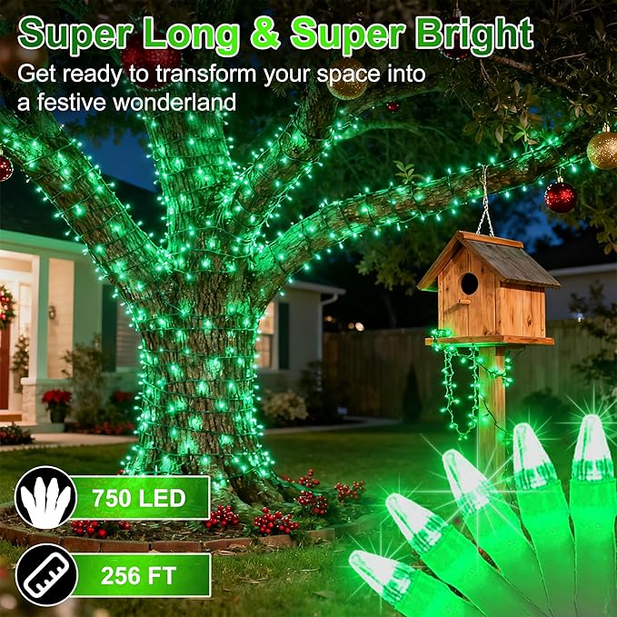 750 LED 256FT Christmas String Lights Outdoor, Christmas Light with 8 Lighting Modes& Timer & Memory, Plug in Outdoor Waterproof Clear Wire Twinkle Light for for Xmas Yard Tree Party Decor Green