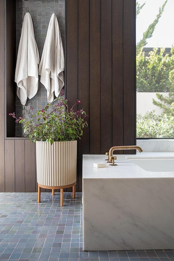 Veradek Demi Series Round Planter w/Stand for Porch/Patio | Durable Plastic-Stone Composite & Wooden Stand | Modern Décor for Tall Plants, Flowers