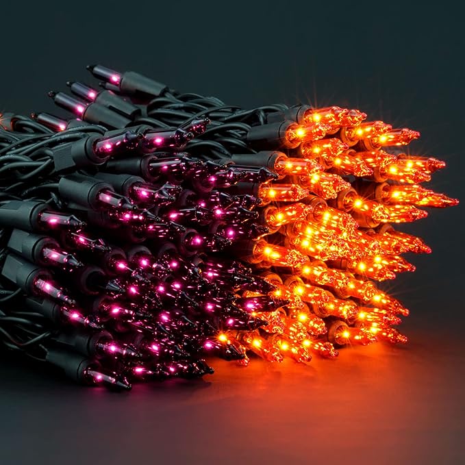 YULETIME 200 Orange & Purple Christmas Lights, Pack of 2 Strands of 21 ft 100 Count UL Certified Incandescent Mini String Light (Orange & Purple - Black Wire)