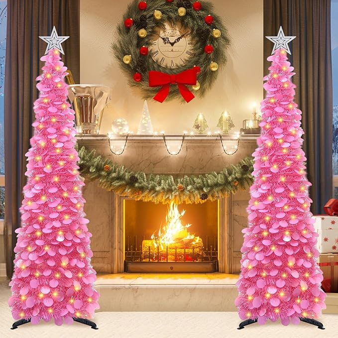 HMASYO 5 FT Pop Up Christmas Tree with Timer Lights, Hot Pink Christmas Tinsel Tree, Collapsible Artificial Pencil Christmas Tree for Indoor Home Apartment Porch Holiday Party Decorations