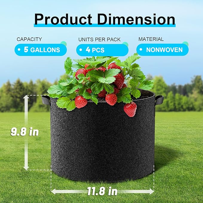 Land Guard 4-Pack Fabric Grow Bags 5 Gallon, Thickened Nonwoven Garden Pots, Growing Bags with Handles, Black