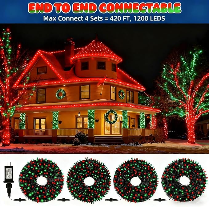 105FT 300 LEDs Red Green Christmas Lights Outdoor Indoor, Christmas Tree Lights Party Decorations, 8 Lighting Modes with Timer & Memory Function
