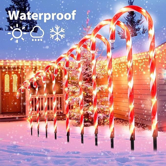 Brightown 35" Candy Cane Lights Outdoor Pathway, 10 Packs Jumbo Candy Cane Pathway Lights, 8 Modes LED Outdoor Candy Cane Decorations Christmas Pathway Lights Yard Lawn Driveway Walkway Sidewalk