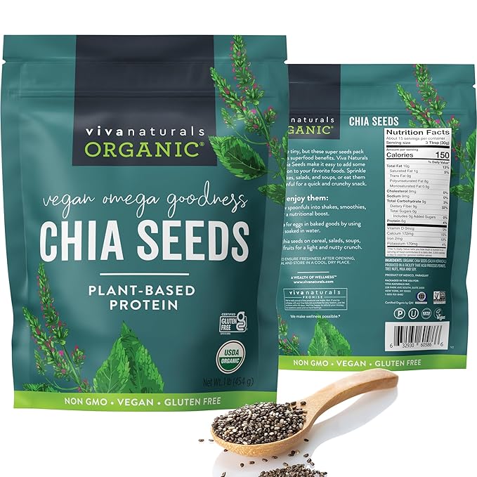 Viva Naturals Organic Chia Seeds, 1 lb (454 g) – Plant-Based Omega-3 and Vegan Protein, Gluten Free & Non-GMO, Perfect for Smoothies, Salads & Chia Pudding