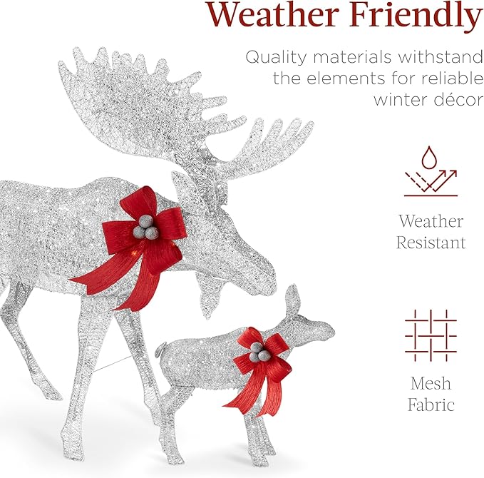 Best Choice Products 5ft 2-Piece Moose Family, Lighted Outdoor Christmas Yard Decoration, Light-Up Décor Set w/ 370 LED Lights, Zip Ties - Silver