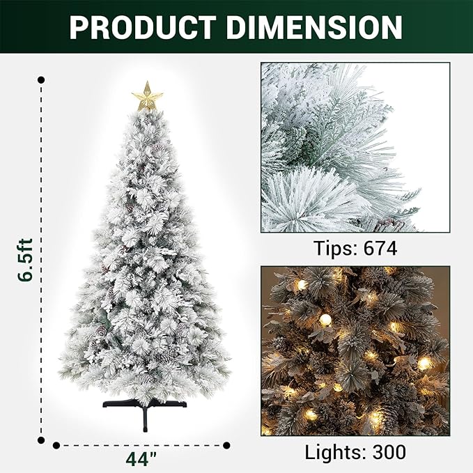 Darla 6.5ft Snow Flocked Rotating Christmas Tree with Star Projector, 35 Pine Cones, 674 Branch Tips, 300 Warm Lights and Rotating Base, 44" Wide Snowy Frosted Pine Christmas Tree with Lights