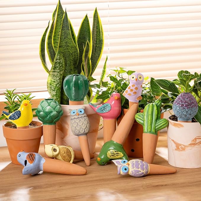 4 Pack Self Watering Bird Shaped Globes, Terracotta Vacation Planters Devices with Slow Release Automatic Watering Spikes, Plant Watering Pots for Indoor and Outdoor Potted Plant