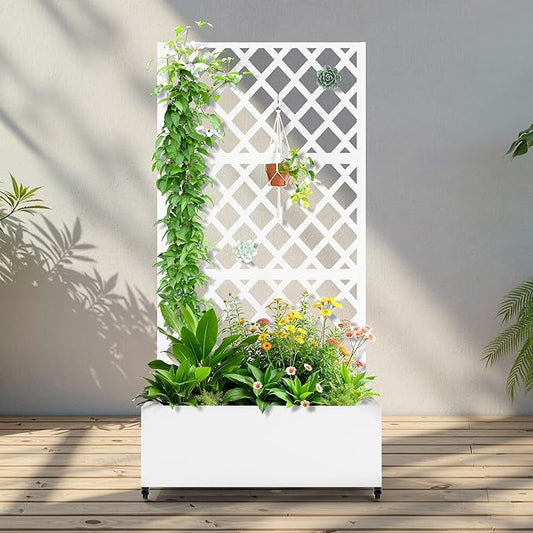 Metal Raised Garden Bed with Trellis and Wheels, 2 in 1 Trellis with Planter Box & Privacy Screen for Climbing Plants, Outdoor Standing Flower Beds with Drainage Holes, 35.4"L x 15.7"W x 70.9"H, White