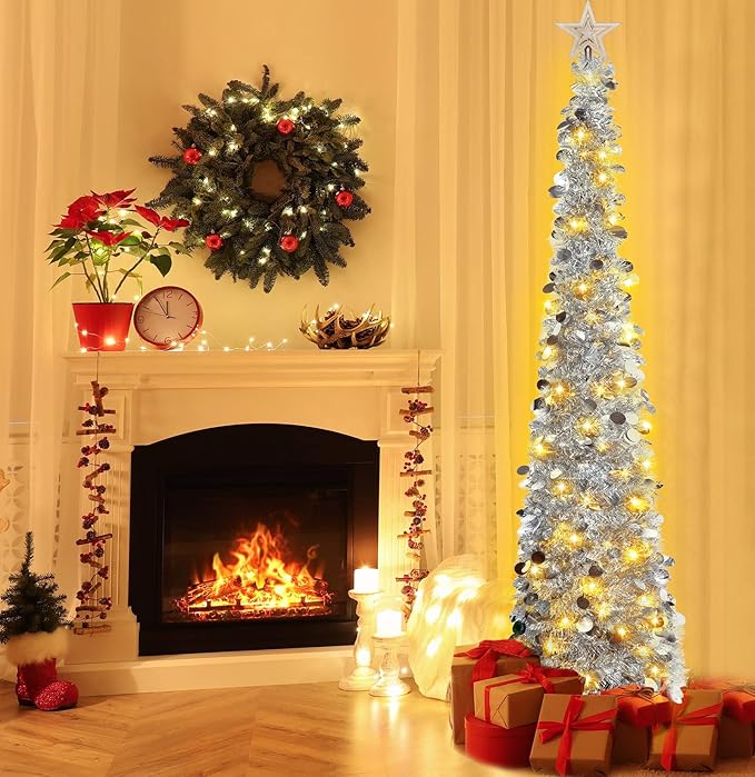 HMASYO 6 FT Pop Up Christmas Tree with 100 LED Lights & Remote, Silver Christmas Tinsel Tree, Collapsible Artificial Pencil Tree for Home Office Party Decor, USB Powered Timer Lights, Easy Assembly