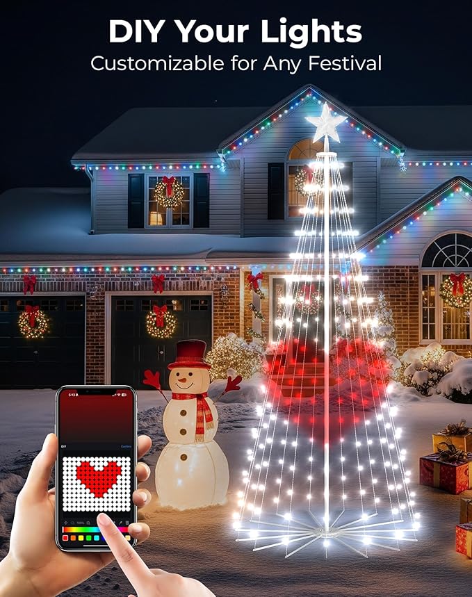9FT Smart Christmas Cone Tree App Control DIY Color Changing Prelit LED Outdoor Christmas Tree Decorations Light Show, Waterproof Magical Large Xmas Tree with RemoteTimer for Yard Outside