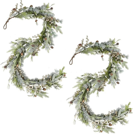WBHome 2PCS 6ft Mixed Snowy Norway Spruce & Pine Branch with Shimmy Berries Mantle Christmas Garland, Winter Flocked Garland for Christmas Holiday Seasonal Indoor/Outdoor Home Decor