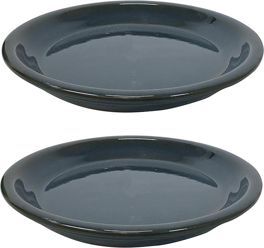 Sunnydaze 9-Inch Ceramic Plant Saucers - Plant Drip Trays for Outdoor Planter Flower Pot Drainage - Set of 2 - Forest Lake Green