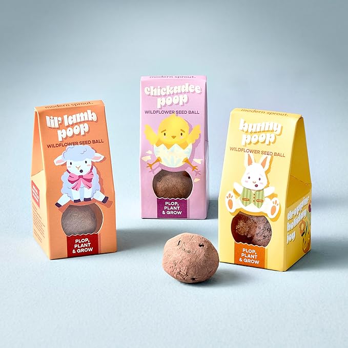 Modern Sprout Wildflower Seed Ball Poop - Easter Basket Essentials - Non-GMO, Hand-Rolled Clay Seed Bombs with Wildflower Seeds - Gardening Gift Set for Kids & Adults - (Easter Plop - Pack of 3)