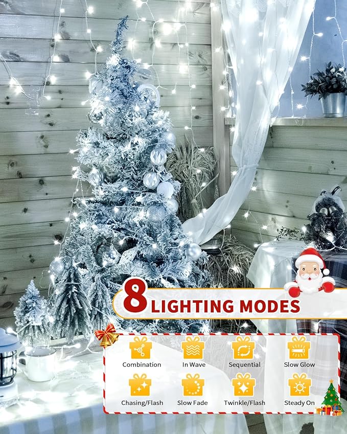Christmas Lights, 8 Modes Waterproof Timer Dimmable Memory LED Fairy String Light with Remote for Holiday Party Wedding Camping Xmas Tree Indoor Outdoor Decor (Cold White, 108FT 300 LED)