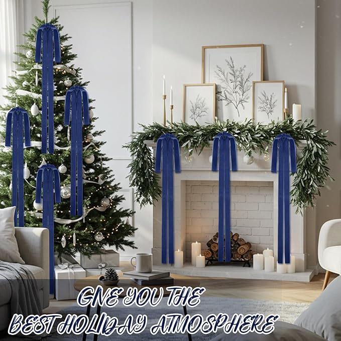 Janinka 6 Pcs Haze Blue Velvet Christmas Swag Bow 31.5 x 23.6 inch Large Vintage Christmas Ornament Rustic Velvet Staircase Wreath Bows Xmas Tree Topper Bows Large Bow for Outdoor