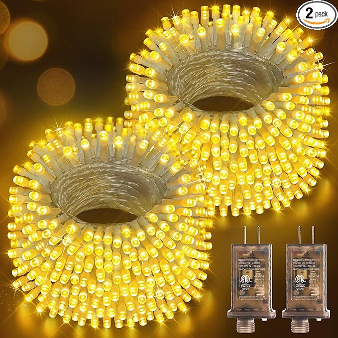 Hezbjiti 2 Pack 1000 LED 403 FT Christmas String Lights Outdoor, 8 Lighting Modes IP44 Waterproof Fairy Lights with Timer and Dimmable Function for Party Tree Decorations (Warm White, Clear Wire)