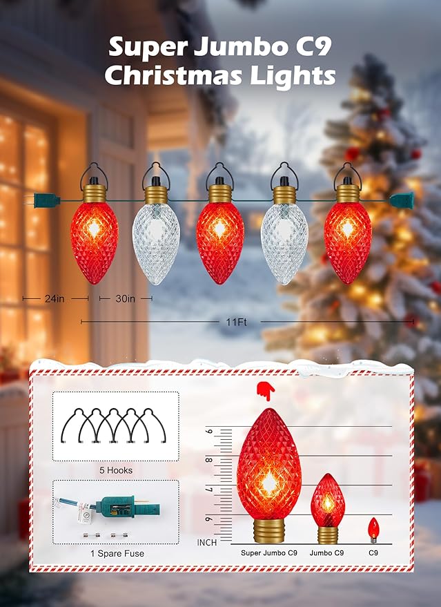 Minetom 2 Pack 11Feet 5 LED Super Jumbo Christmas String Lights or Pathway Marker Lights, Outdoor Xmas Decorations- Jumbo C9 Hanging Lights Waterproof Lawn Dec for Holiday Tree Roof, Red ＆ White