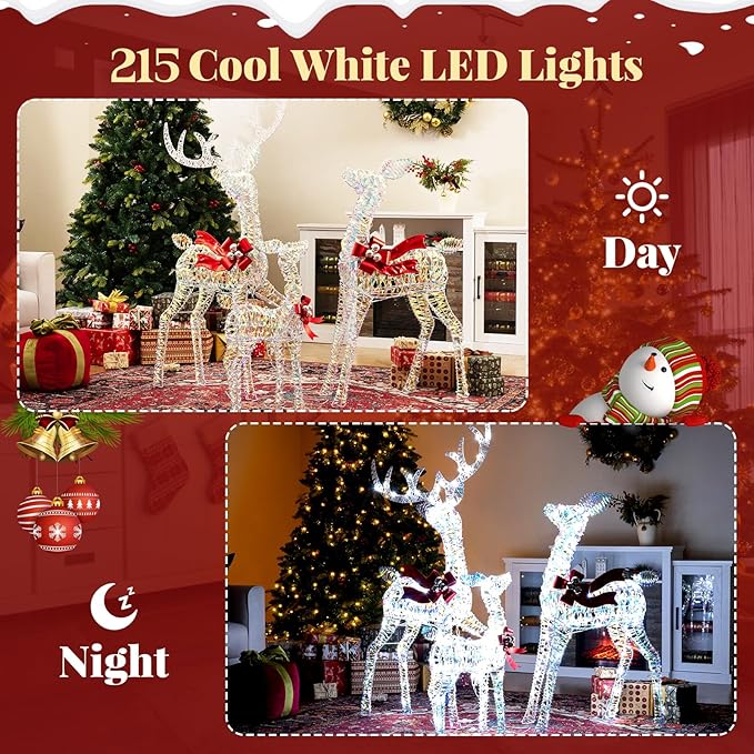 Tangkula 3-Piece Christmas Lighted Iridescent Reindeer Family Set, Pre-lit Xmas Deer Family with 215 Cold White LED Lights, Ground Stakes, Lighted Holiday Decoration for Indoor, Outdoor