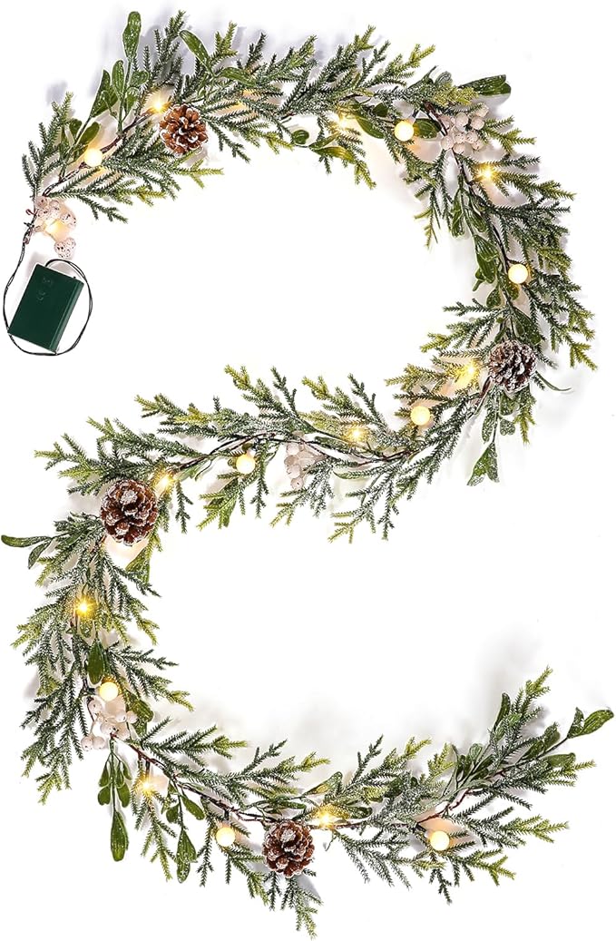 6FT Snow Cedar Pine Garland,Prelit Christmas Garland with Timer,Realistic Garlands Battery Operated for Winter Holiday Outdoor Staircase Decorations 20LED