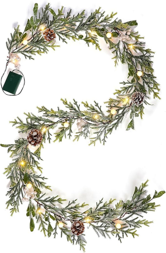6FT Snow Cedar Pine Garland,Prelit Christmas Garland with Timer,Realistic Garlands Battery Operated for Winter Holiday Outdoor Staircase Decorations 20LED