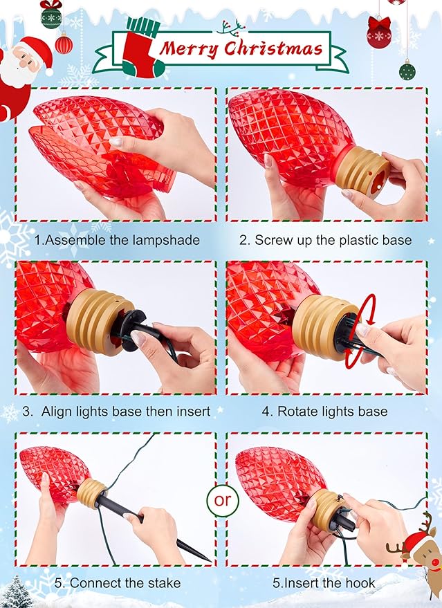 Minetom 2 Pack 11Feet 5 LED Super Jumbo Christmas String Lights, Outdoor Christmas Pathway Lights- Strawberry Jumbo C9 Hanging Lights Waterproof Lawn Decorations for Holiday Tree Roof