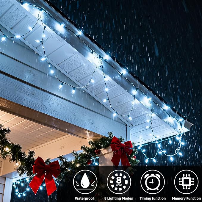 Christmas Lights 66ft 200 LED Battery Operated String Lights with Timer Memory Function or Battery Powered Waterproof Fairy Light for Indoor Outdoor Decoration