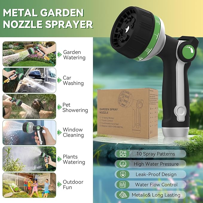Garden Hose Nozzle Heavy Duty,Metal Water Hose Nozzle with 10 Adjustable Spray Patterns, High Pressure Hose Sprayer Nozzle Thumb Control On Off Valve for Lawn & Plant Watering, Car & Pet Washing