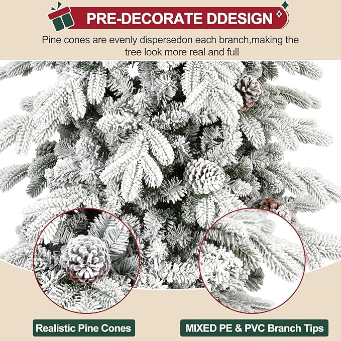 4 FT Snow Flocked Christmas Tree with 455 PE&PVC Mixed Branch Tips,Unlit Artificial Skinny Pencil Christmas Tree with 19 Pine Cones,Hinged Premium Xmas Slim Fir Trees for Home,Office,Party Decoration